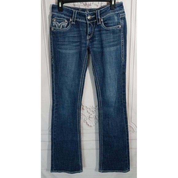 L.A. idol Denim - LA Idol Blue Jeans White Stich Whiskers Med Wash Bootcut Flap Pockets Sz 5